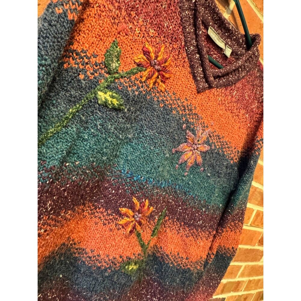 Floral Sweater Colorful Embroidered Striped V-Neck Small